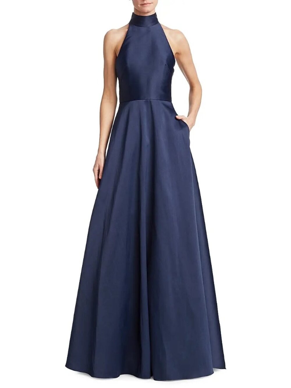 Monique Lhuillier Navy Halter Satin Ball Gown